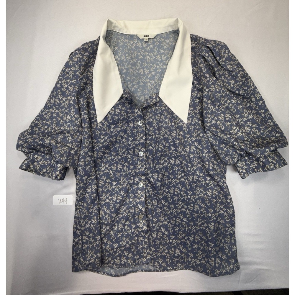 J.ING Women's S Blue/White Floral Collared Button-Front Puff Sleeve Blouse